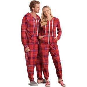 Ekouaer Christmas Onesie for Couples Zipper Hooded Adult Matching Onesie Pajamas with Pockets(Red Plaid)