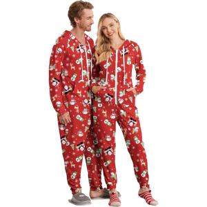 Ekouaer Christmas Onesie for Couples Zipper Hooded Adult Matching Onesie Pajamas with Pockets(Red Santa Snowman Pattern)