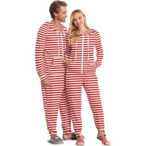 Ekouaer Christmas Onesie for Couples Zipper Hooded Adult Matching Onesie Pajamas with Pockets(Red White Stripes)