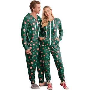 Ekouaer Christmas Onesie for Couples Zipper Hooded Adult Matching Onesie Pajamas with Pockets(Santa)