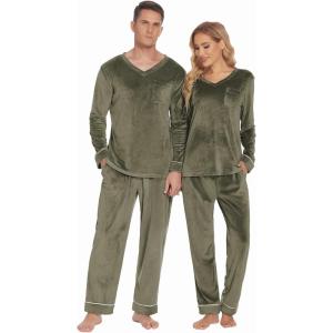 Ekouaer Couples Matching Pajamas Sets Velvet PJs Set for Men and Women Velour Long Sleeve Sleepwear S-XXL(Army Green)
