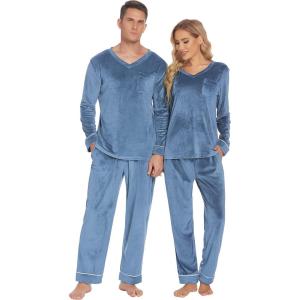 Ekouaer Couples Matching Pajamas Sets Velvet PJs Set for Men and Women Velour Long Sleeve Sleepwear S-XXL(Blue)