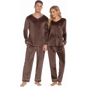 Ekouaer Couples Matching Pajamas Sets Velvet PJs Set for Men and Women Velour Long Sleeve Sleepwear S-XXL(Brown)