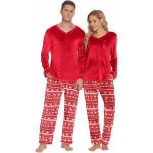 Ekouaer Couples Matching Pajamas Sets Velvet PJs Set for Men and Women Velour Long Sleeve Sleepwear S-XXL(Christmas Red)