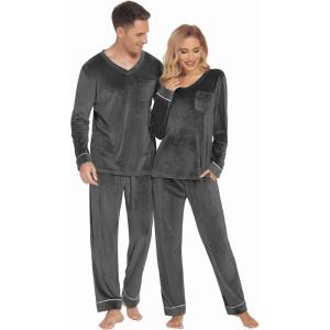 Ekouaer Couples Matching Pajamas Sets Velvet PJs Set for Men and Women Velour Long Sleeve Sleepwear S-XXL(Deep Gray)