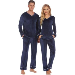 Ekouaer Couples Matching Pajamas Sets Velvet PJs Set for Men and Women Velour Long Sleeve Sleepwear S-XXL(Navy)