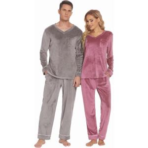 Ekouaer Couples Matching Pajamas Sets Velvet PJs Set for Men and Women Velour Long Sleeve Sleepwear S-XXL(Pink)