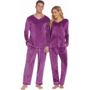 Ekouaer Couples Matching Pajamas Sets Velvet PJs Set for Men and Women Velour Long Sleeve Sleepwear S-XXL(Purple)