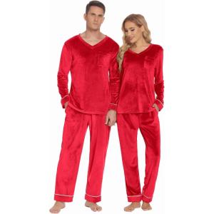Ekouaer Couples Matching Pajamas Sets Velvet PJs Set for Men and Women Velour Long Sleeve Sleepwear S-XXL(Red)