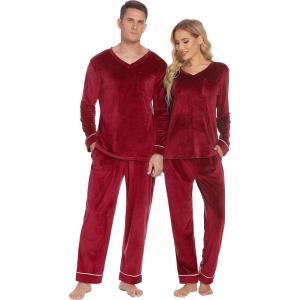 Ekouaer Couples Matching Pajamas Sets Velvet PJs Set for Men and Women Velour Long Sleeve Sleepwear S-XXL(Wine Red)