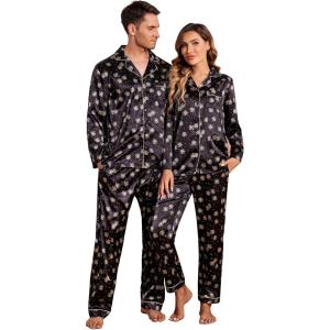 Ekouaer Couples Matching Pajamas Silk Long Sleeve Sleepwear Satin Soft Button Down Loungewear Pjs Set(Black With Snowflakes)