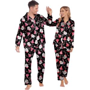 Ekouaer Couples Matching Pajamas Silk Long Sleeve Sleepwear Satin Soft Button Down Loungewear Pjs Set(Christmas Black Santa)