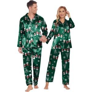 Ekouaer Couples Matching Pajamas Silk Long Sleeve Sleepwear Satin Soft Button Down Loungewear Pjs Set(Christmas Green)