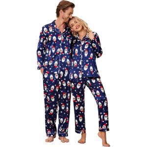 Ekouaer Couples Matching Pajamas Silk Long Sleeve Sleepwear Satin Soft Button Down Loungewear Pjs Set(Christmas Navy)