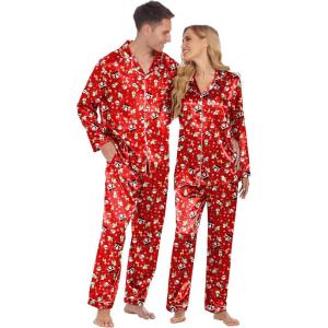 Ekouaer Couples Matching Pajamas Silk Long Sleeve Sleepwear Satin Soft Button Down Loungewear Pjs Set(Christmas Red)