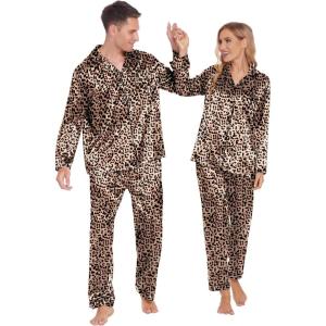 Ekouaer Couples Matching Pajamas Silk Long Sleeve Sleepwear Satin Soft Button Down Loungewear Pjs Set(Leopard)