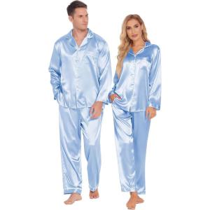 Ekouaer Couples Matching Pajamas Silk Long Sleeve Sleepwear Satin Soft Button Down Loungewear Pjs Set(Light Blue)