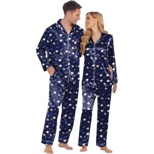 Ekouaer Couples Matching Pajamas Silk Long Sleeve Sleepwear Satin Soft Button Down Loungewear Pjs Set(Teddy Navy)