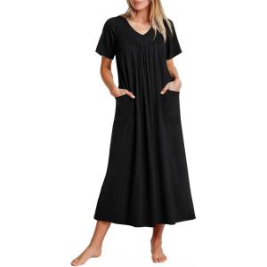 Ekouaer Long Nightgowns for Women Short Sleeve House Dress with Pockets Full Length Loungewear S-3XL(Black)