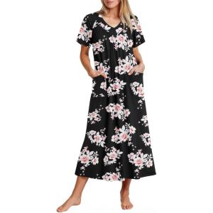 Ekouaer Long Nightgowns for Women Short Sleeve House Dress with Pockets Full Length Loungewear S-3XL(Black Pink Flower)