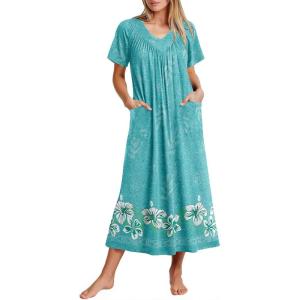 Ekouaer Long Nightgowns for Women Short Sleeve House Dress with Pockets Full Length Loungewear S-3XL(Blue Floral)