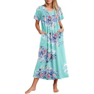 Ekouaer Long Nightgowns for Women Short Sleeve House Dress with Pockets Full Length Loungewear S-3XL(Blue Flower)