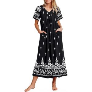 Ekouaer Long Nightgowns for Women Short Sleeve House Dress with Pockets Full Length Loungewear S-3XL(Floral Black)