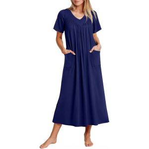 Ekouaer Long Nightgowns for Women Short Sleeve House Dress with Pockets Full Length Loungewear S-3XL(Navy Blue)