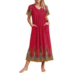 Ekouaer Long Nightgowns for Women Short Sleeve House Dress with Pockets Full Length Loungewear S-3XL(Peacock Feather)