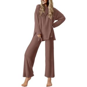 Ekouaer Lounge Sets for Women Long Sleeve Pajamas Fall Loungewear Soft Comfy Pjs Two Piece Travel Outfits Set(Brown)
