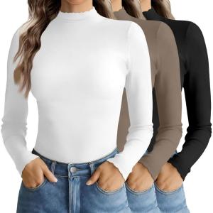 Ekouaer Mock Turtle Neck Tops for Women 3 Pack Long Sleeve Thermal Tops Basic Undershirt Casual Basic Tee(Black/White/Tea Grey)