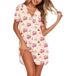 Ekouaer Nightgowns for Women Button Down Sleepshirt Short Sleeve Nightshirt Boyfriend Pajamas V Neck Nightdress S-XXXL(Teddy & Cherry)