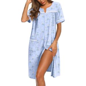 Ekouaer Nightgowns for Women Cotton House Dress with Pockets Button Down Night Gown Short Sleeve Duster Housecoat S-3XL(Blue Flowers)