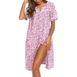 Ekouaer Nightgowns for Women Cotton House Dress with Pockets Button Down Night Gown Short Sleeve Duster Housecoat S-3XL(Floral Pink)