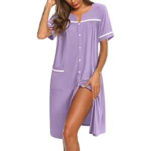 Ekouaer Nightgowns for Women Cotton House Dress with Pockets Button Down Night Gown Short Sleeve Duster Housecoat S-3XL(Light Purple)