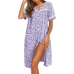 Ekouaer Nightgowns for Women Cotton House Dress with Pockets Button Down Night Gown Short Sleeve Duster Housecoat S-3XL(Purple Dots)