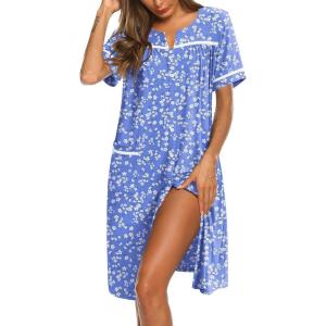 Ekouaer Nightgowns for Women Cotton House Dress with Pockets Button Down Night Gown Short Sleeve Duster Housecoat S-3XL(White Green Flower)
