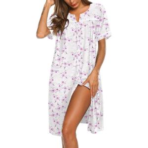Ekouaer Nightgowns for Women Cotton House Dress with Pockets Button Down Night Gown Short Sleeve Duster Housecoat S-3XL(White Purple Floral)