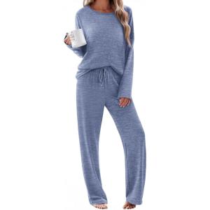 Ekouaer Pajama Set Womens Long Sleeve Sleepwear Pullover Top and Pants Cozy Loungewear Soft Pjs Lounge Set with Pockets S-XXL(Blue)