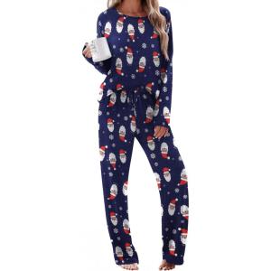 Ekouaer Pajama Set Womens Long Sleeve Sleepwear Pullover Top and Pants Cozy Loungewear Soft Pjs Lounge Set with Pockets S-XXL(Christmas Navy)