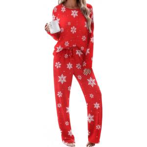 Ekouaer Pajama Set Womens Long Sleeve Sleepwear Pullover Top and Pants Cozy Loungewear Soft Pjs Lounge Set with Pockets S-XXL(Christmas Snowflake)