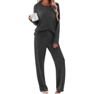 Ekouaer Pajama Set Womens Long Sleeve Sleepwear Pullover Top and Pants Cozy Loungewear Soft Pjs Lounge Set with Pockets S-XXL(Dark Gray)