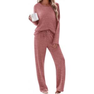 Ekouaer Pajama Set Womens Long Sleeve Sleepwear Pullover Top and Pants Cozy Loungewear Soft Pjs Lounge Set with Pockets S-XXL(Dark Red)