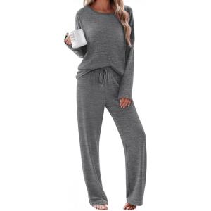 Ekouaer Pajama Set Womens Long Sleeve Sleepwear Pullover Top and Pants Cozy Loungewear Soft Pjs Lounge Set with Pockets S-XXL(Gray)