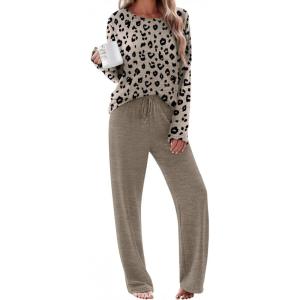 Ekouaer Pajama Set Womens Long Sleeve Sleepwear Pullover Top and Pants Cozy Loungewear Soft Pjs Lounge Set with Pockets S-XXL(Leopard & Khaki)