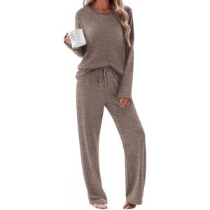 Ekouaer Pajama Set Womens Long Sleeve Sleepwear Pullover Top and Pants Cozy Loungewear Soft Pjs Lounge Set with Pockets S-XXL(Light Brown)