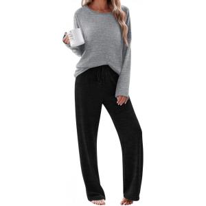 Ekouaer Pajama Set Womens Long Sleeve Sleepwear Pullover Top and Pants Cozy Loungewear Soft Pjs Lounge Set with Pockets S-XXL(Light Grey & Black)