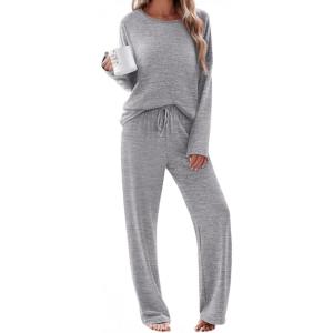 Ekouaer Pajama Set Womens Long Sleeve Sleepwear Pullover Top and Pants Cozy Loungewear Soft Pjs Lounge Set with Pockets S-XXL(Light Grey)