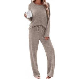 Ekouaer Pajama Set Womens Long Sleeve Sleepwear Pullover Top and Pants Cozy Loungewear Soft Pjs Lounge Set with Pockets S-XXL(Light Khaki)