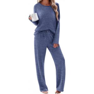 Ekouaer Pajama Set Womens Long Sleeve Sleepwear Pullover Top and Pants Cozy Loungewear Soft Pjs Lounge Set with Pockets S-XXL(Navy)